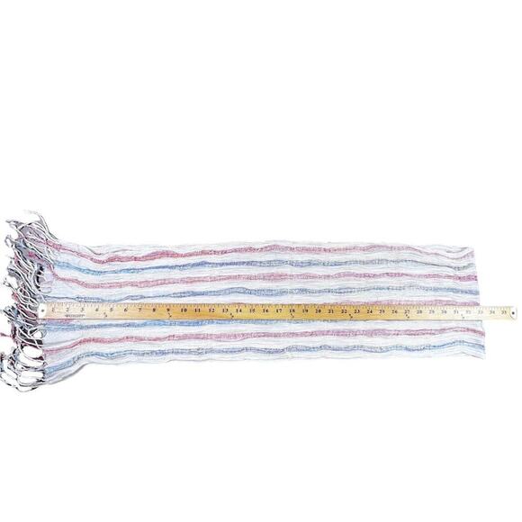 White Striped Fringed Scarf with Shimmery Silver Threads L66" W9" Fringe 3" - Picture 5 of 8